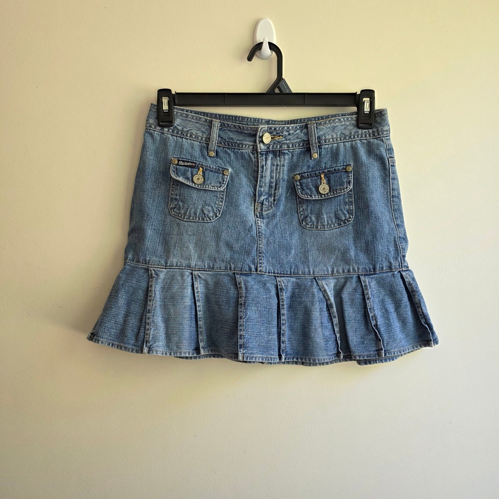 Unionbay Denim Y2K Micro Mini Skirt Pleated Ruffle Cargo Pockets Size 5 School